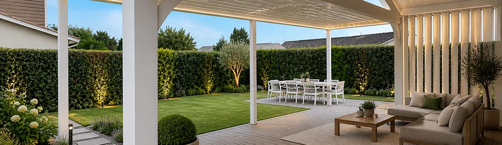 Façade à lames orientables blanches pour pergola